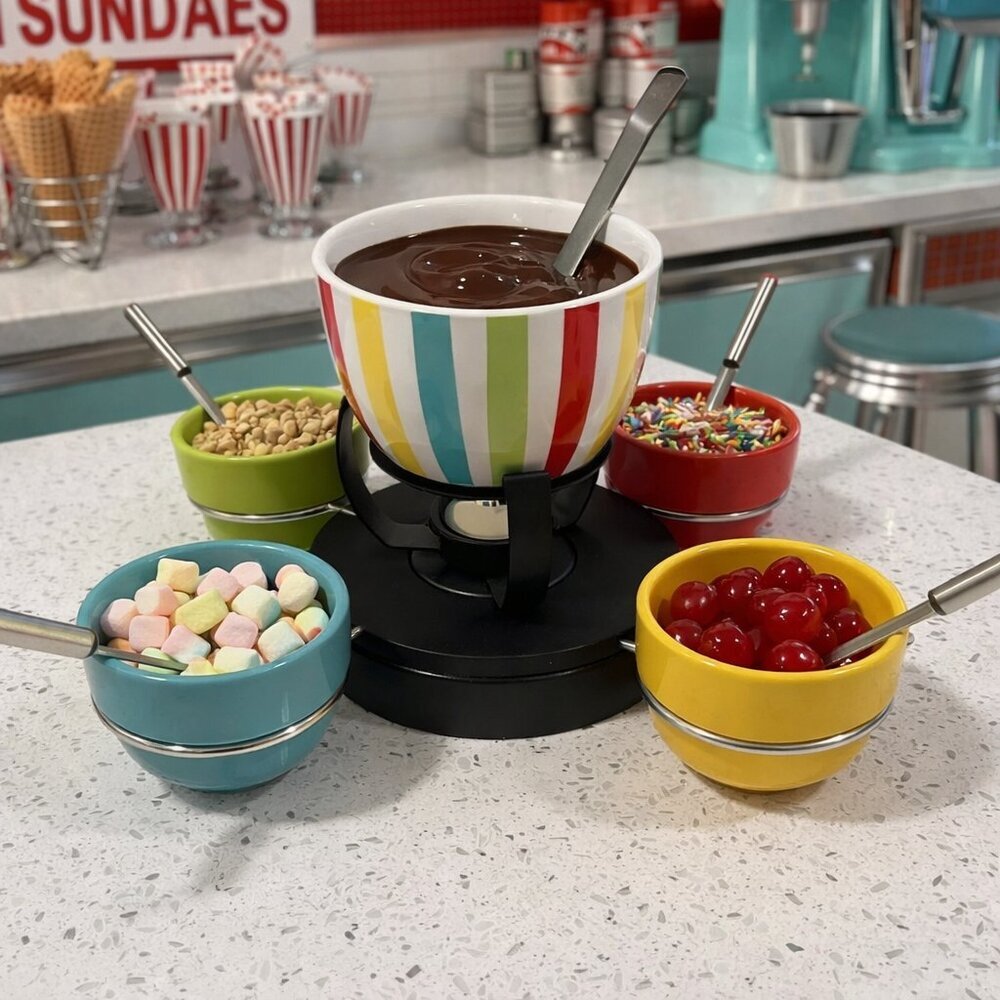 COLORFUL Lazy Susan Ceramic & Metal Chocolate Fondue Sundae Set - Original Box